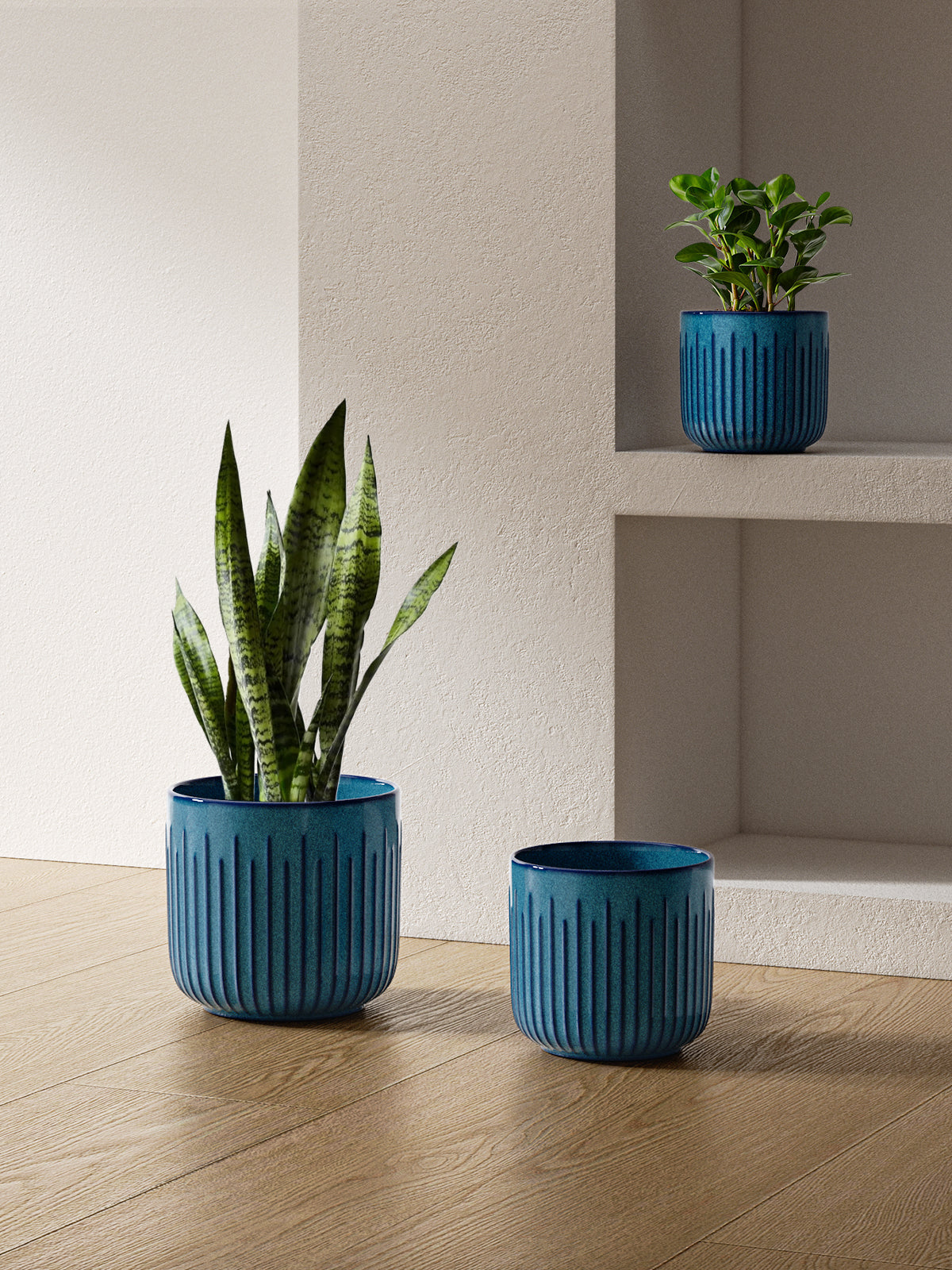 BEMAY Ceramic Planters, Set of 3 Plant Pots for Indoor Plants, 8.3+6.9+5.7 inch Flower Pots with Drainage Holes, Medium Cylinder Planters Pot for Indoor House Plants,Glaze Ocean Blue