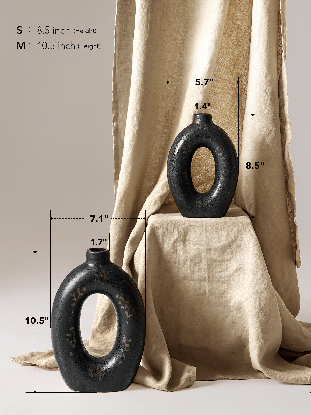 10.5” & 8.5” Black Ceramic Vase Set of 2, Modern Decorative Donut Vase for Home Decor, Contemporary Flower Vase for Table Centerpiece, Living Room, Shelf & Entryway