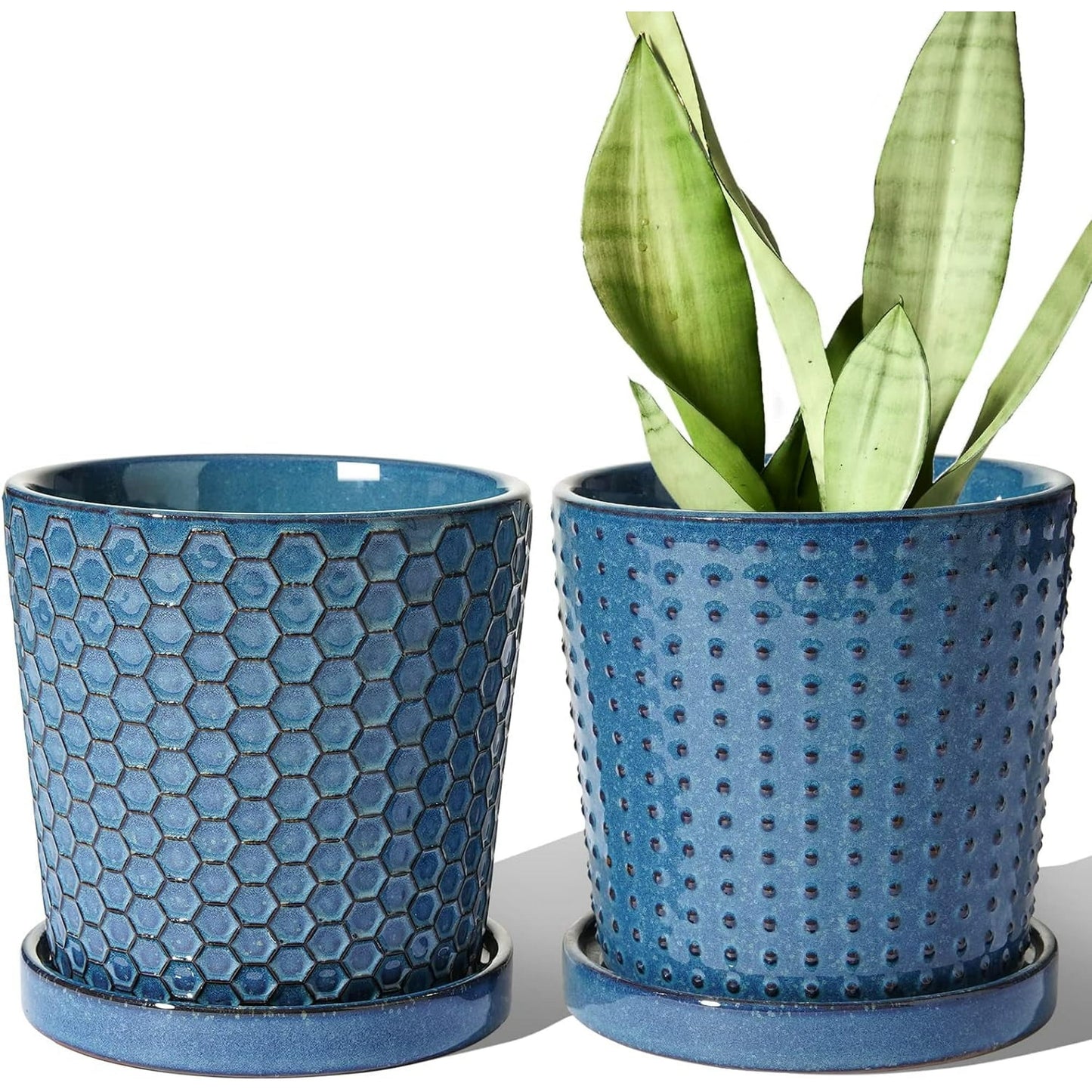 BEMAY Ceramic Plant Pots, 5.5" Embossed Planters with Drainage and Tray, Pack of 2 Flower Pots for Succulent, Snake Plants and Cactus, Reactive Glaze Blue