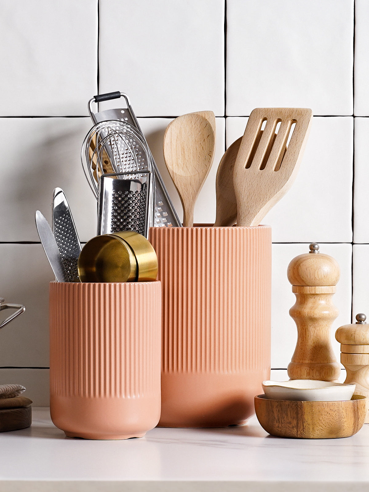 2-Pack Kitchen Utensil Holders, 7.3"+5.4" Ceramic Crocks for Kitchen, Cooking Organizer & Plant Pots, Terracotta Pink Utensil Holder