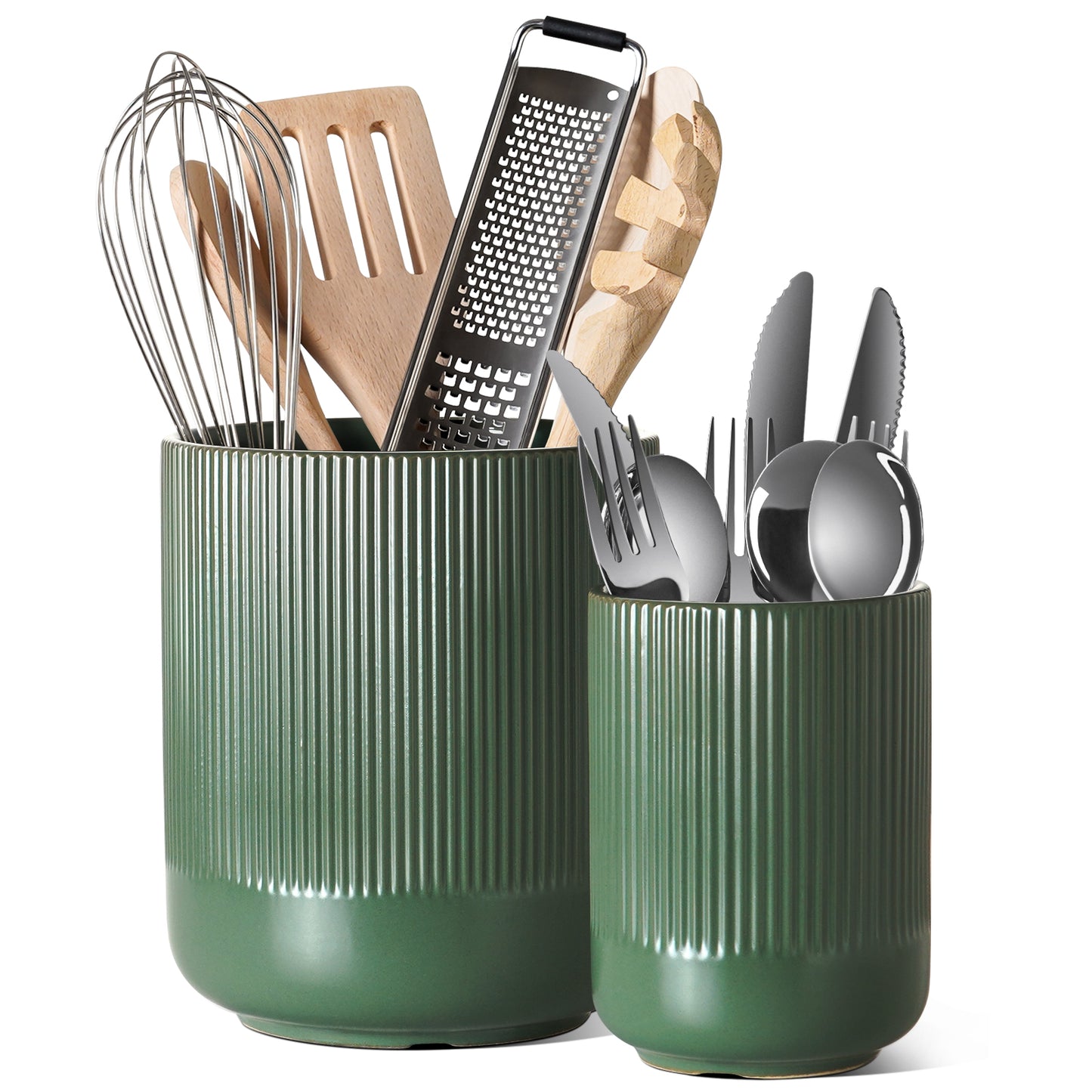 2-Pack Kitchen Utensil Holders, 7.3"+5.4" Ceramic Crocks for Kitchen, Cooking Organizer & Plant Pots, Forest Green Utensil Holder