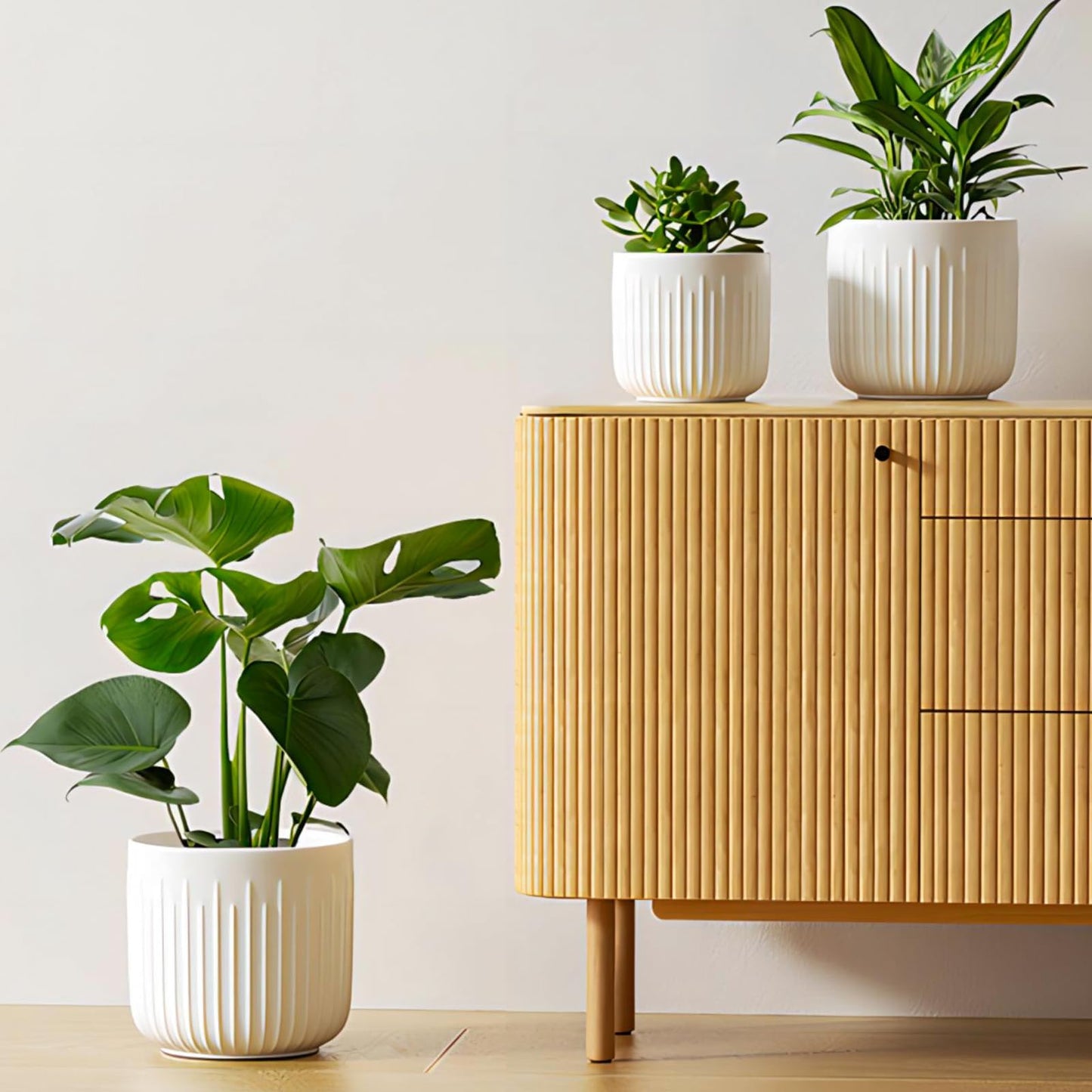 BEMAY Set of 3 Pots for Plants, 8.3+6.9+5.7 inch Ceramic Plant Pots, Flower Pots with Drainage Holes, Medium Cylinder Planters Pot for Indoor House Plants, Set of 3,White