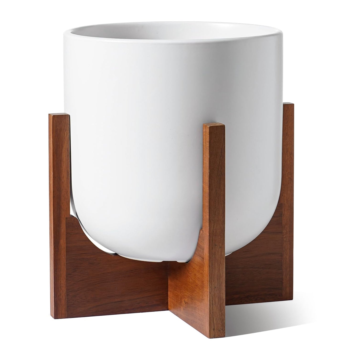BEMAY 10 Inch White Ceramic Plant Pot with Acacia Wood Stand - Mid Century Modern Indoor Planter with Drainage Hole & Plug, Home Decor for Plants