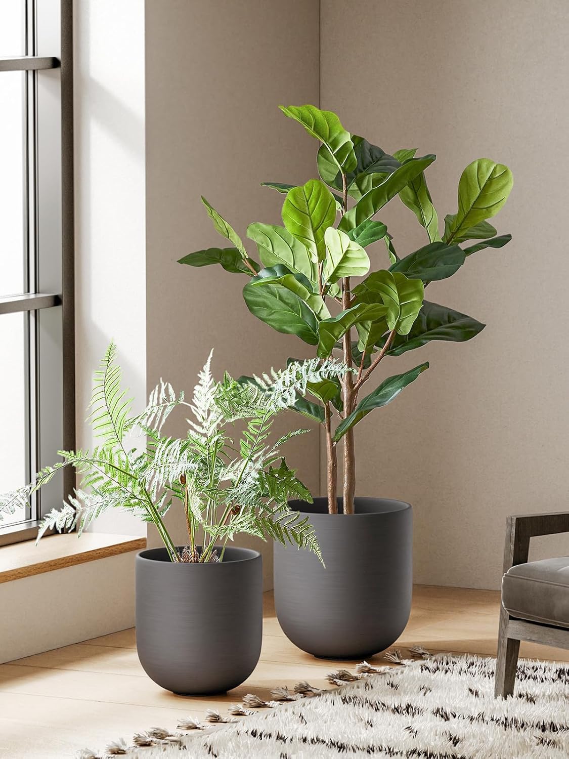 BEMAY 12" Plant Pots, Ceramic Flower Pots with Drain Holes& Plug Indoor Planter, Charcoal Gray Outdoor Planter