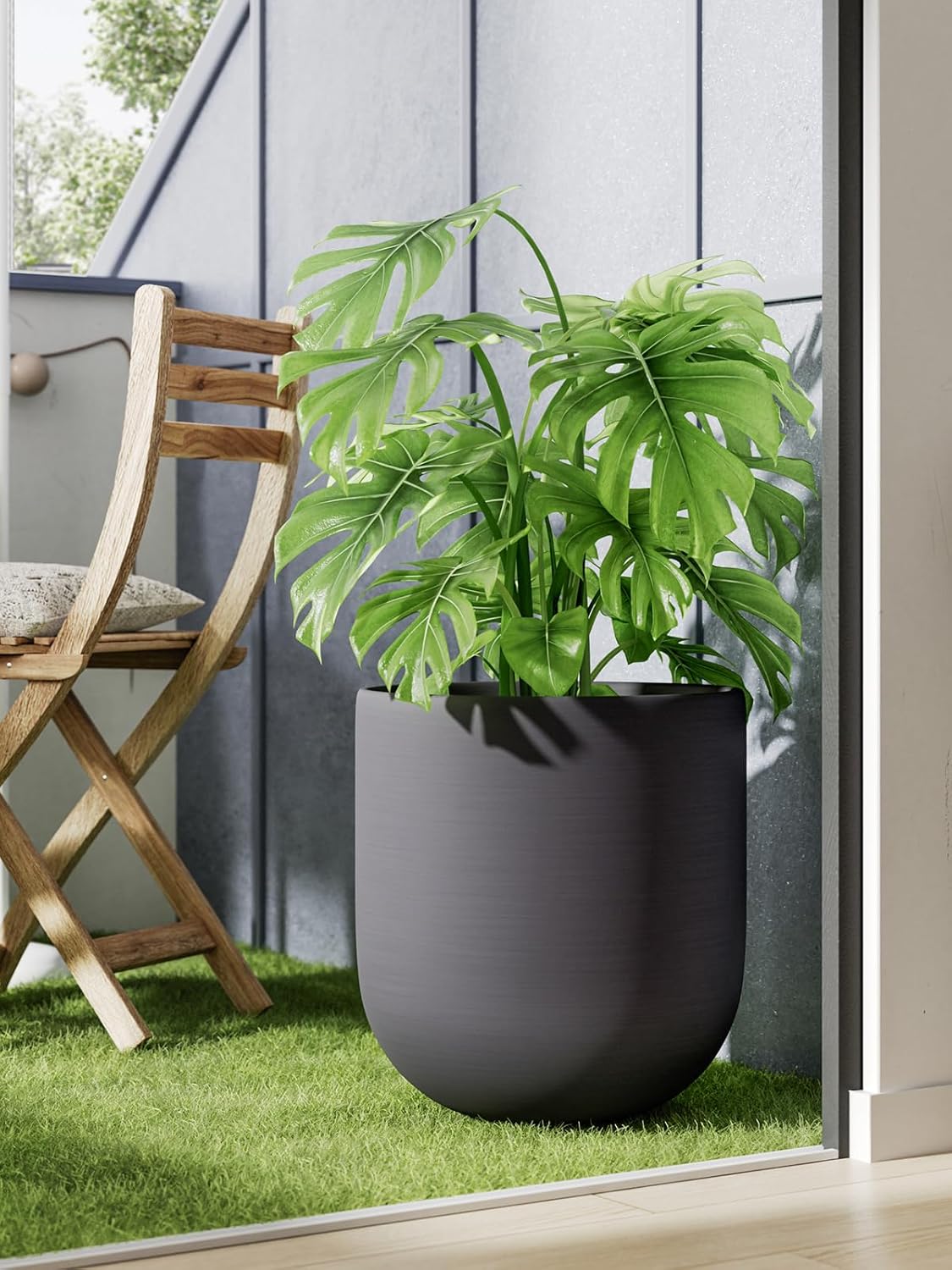 BEMAY 12" Plant Pots, Ceramic Flower Pots with Drain Holes& Plug Indoor Planter, Charcoal Gray Outdoor Planter
