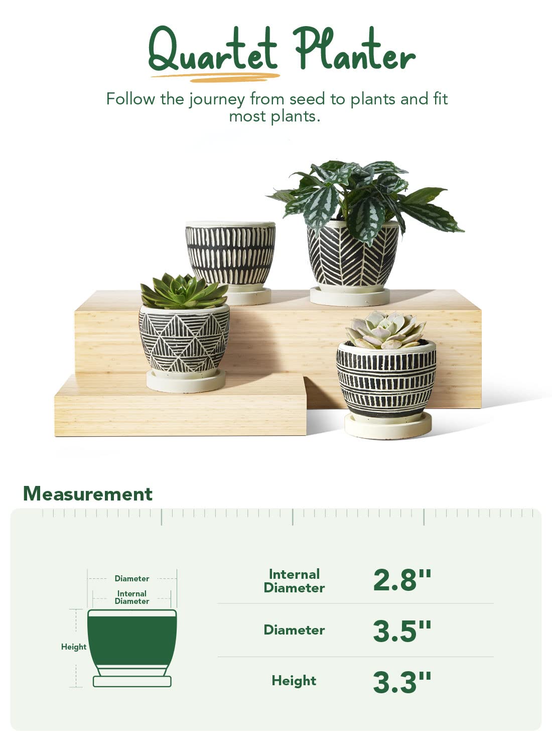 LE TAUCI Set of 4 Plant Pots, 3.5" Succulent Pots with Drainage Hole & Saucer, Boho Style Indoor Plant Pots for Plants Cactus