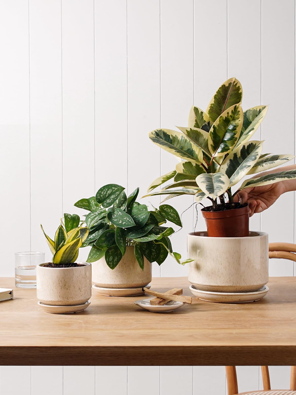 BEMAY Plant Pots, 4.3+5.3+6.8 inch Ceramic Flower Pots with Drainage Hole and Saucer, Pack of 3 Planter for Home/Patio Decor,Reactive Glaze Beige