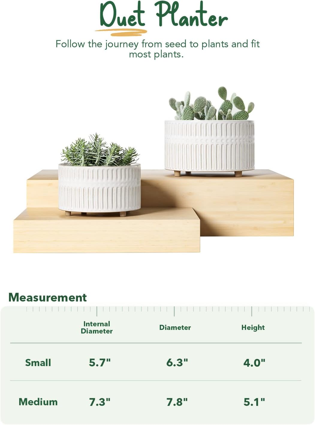 Succulent Pots, 6.5+8 Inch Ceramic Indoor Plant Pot with Drainage Hole, Modern Round Decorative Flower Pot, Gifts for Mom, Set of 2, Reactive Glaze White