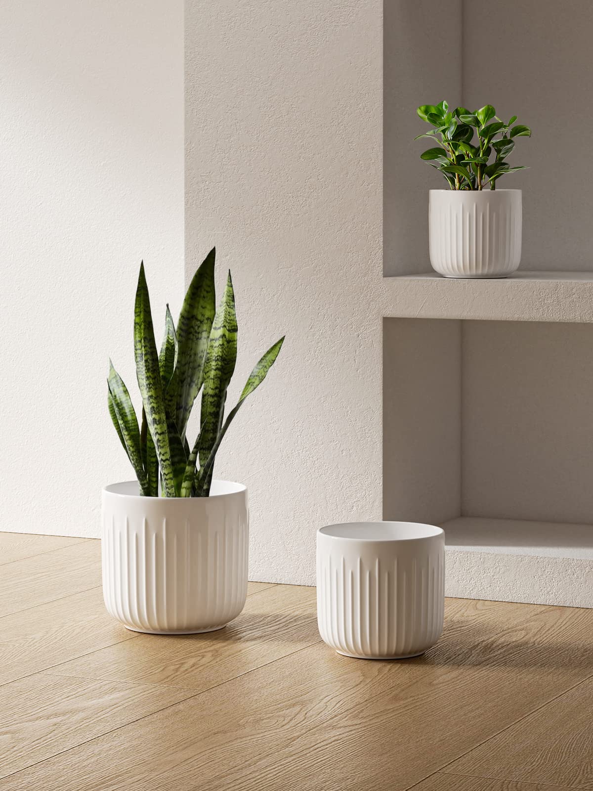 BEMAY Set of 3 Pots for Plants, 8.3+6.9+5.7 inch Ceramic Plant Pots, Flower Pots with Drainage Holes, Medium Cylinder Planters Pot for Indoor House Plants, Set of 3,White