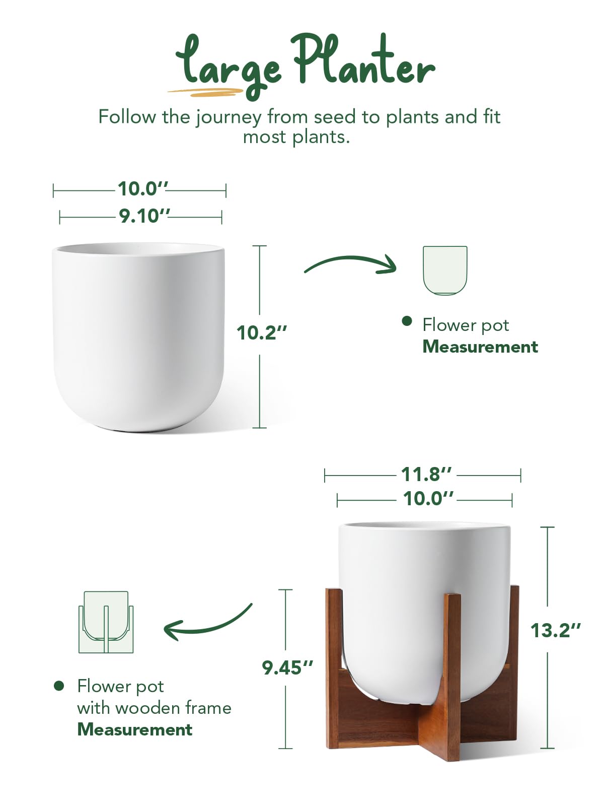 BEMAY 10 Inch White Ceramic Plant Pot with Acacia Wood Stand - Mid Century Modern Indoor Planter with Drainage Hole & Plug, Home Decor for Plants