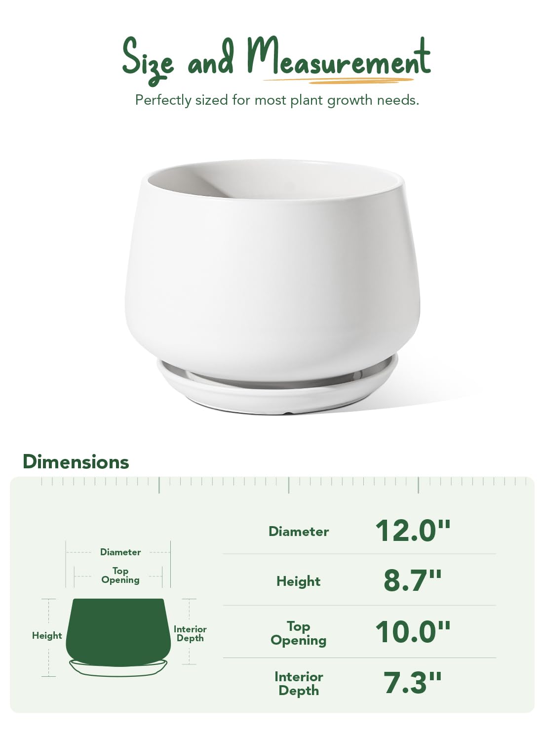 BEMAY 12" White Ceramic Plant Pot with Drainage Hole and Saucer, Round Indoor Planter for Home Decor & Planting