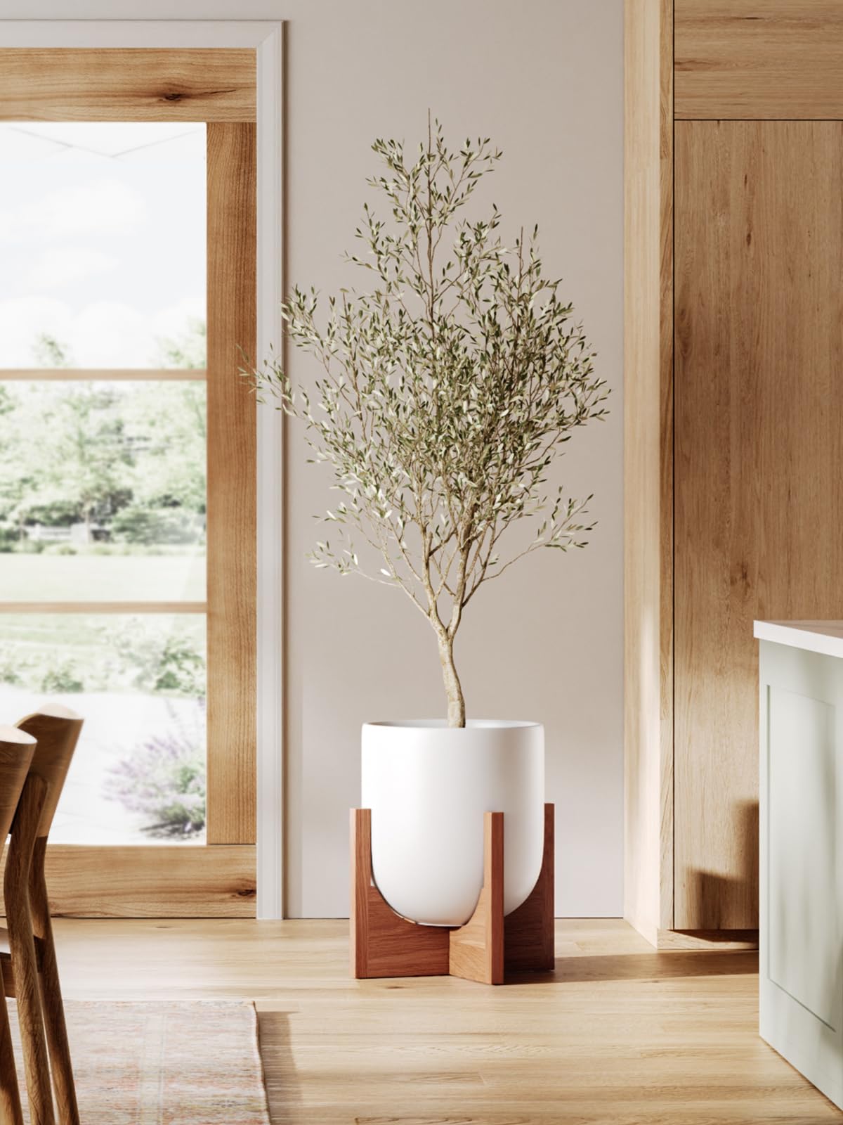 BEMAY 10 Inch White Ceramic Plant Pot with Acacia Wood Stand - Mid Century Modern Indoor Planter with Drainage Hole & Plug, Home Decor for Plants
