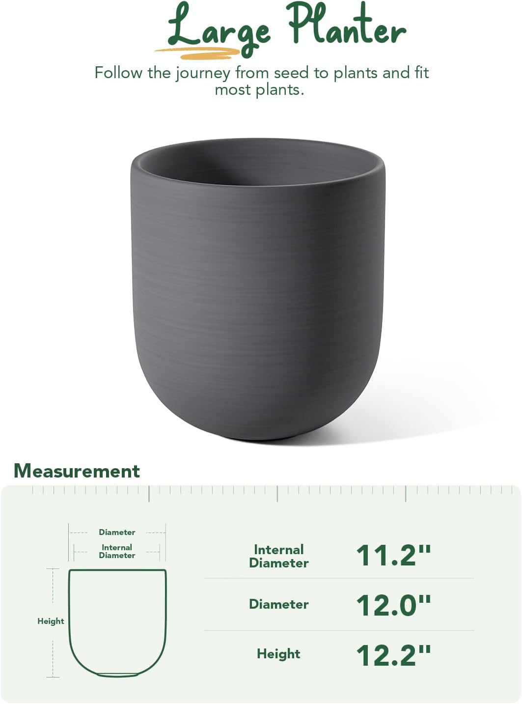 BEMAY 12" Plant Pots, Ceramic Flower Pots with Drain Holes& Plug Indoor Planter, Charcoal Gray Outdoor Planter