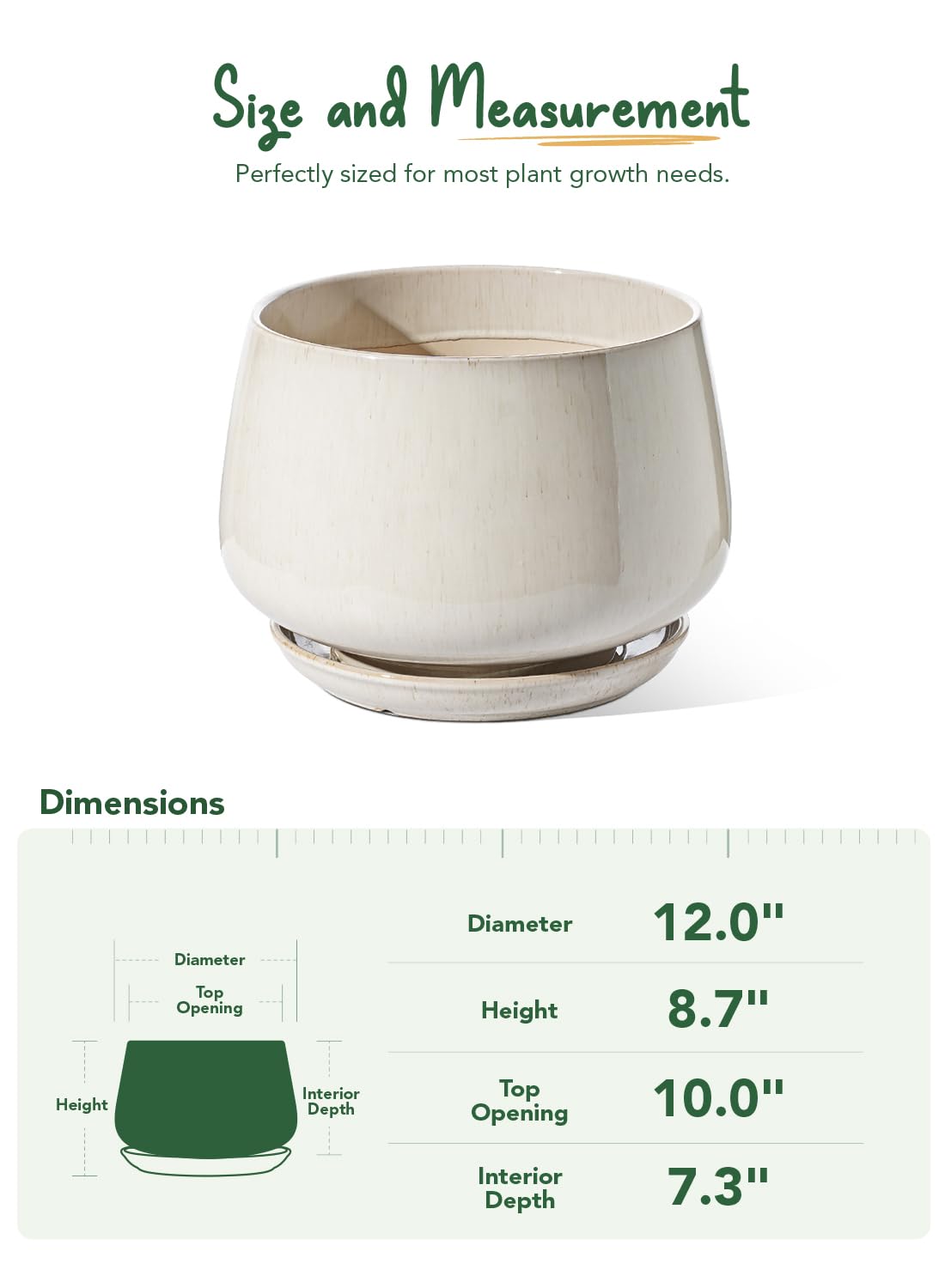 BEMAY 12" Ceramic Plant Pot with Drainage Hole and Saucer, Round Indoor Planter for Houseplants, Reactive Glaze Beige Pot for Plant