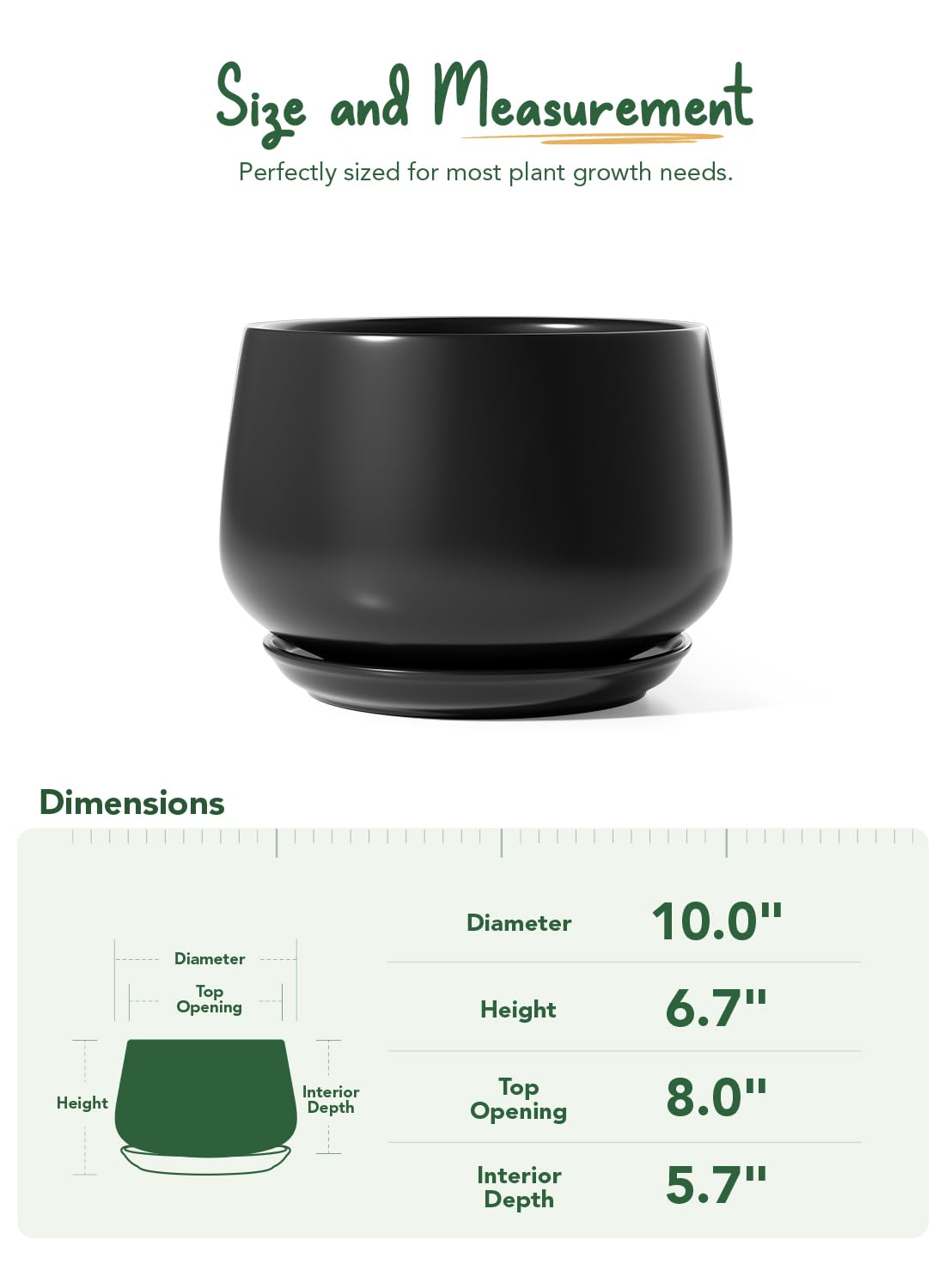 BEMAY Ceramic Plant Pot, 10" Plant Pot with Drainage Hole & Saucer, Indoor Planter for Modern Home Decor, Black