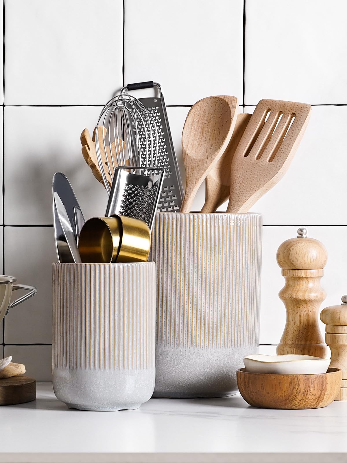 Set of 2 Utensil Holder, 7.3"+5.4" Ceramic Crocks for Kitchen, Cooking Organizer & Plant Pots