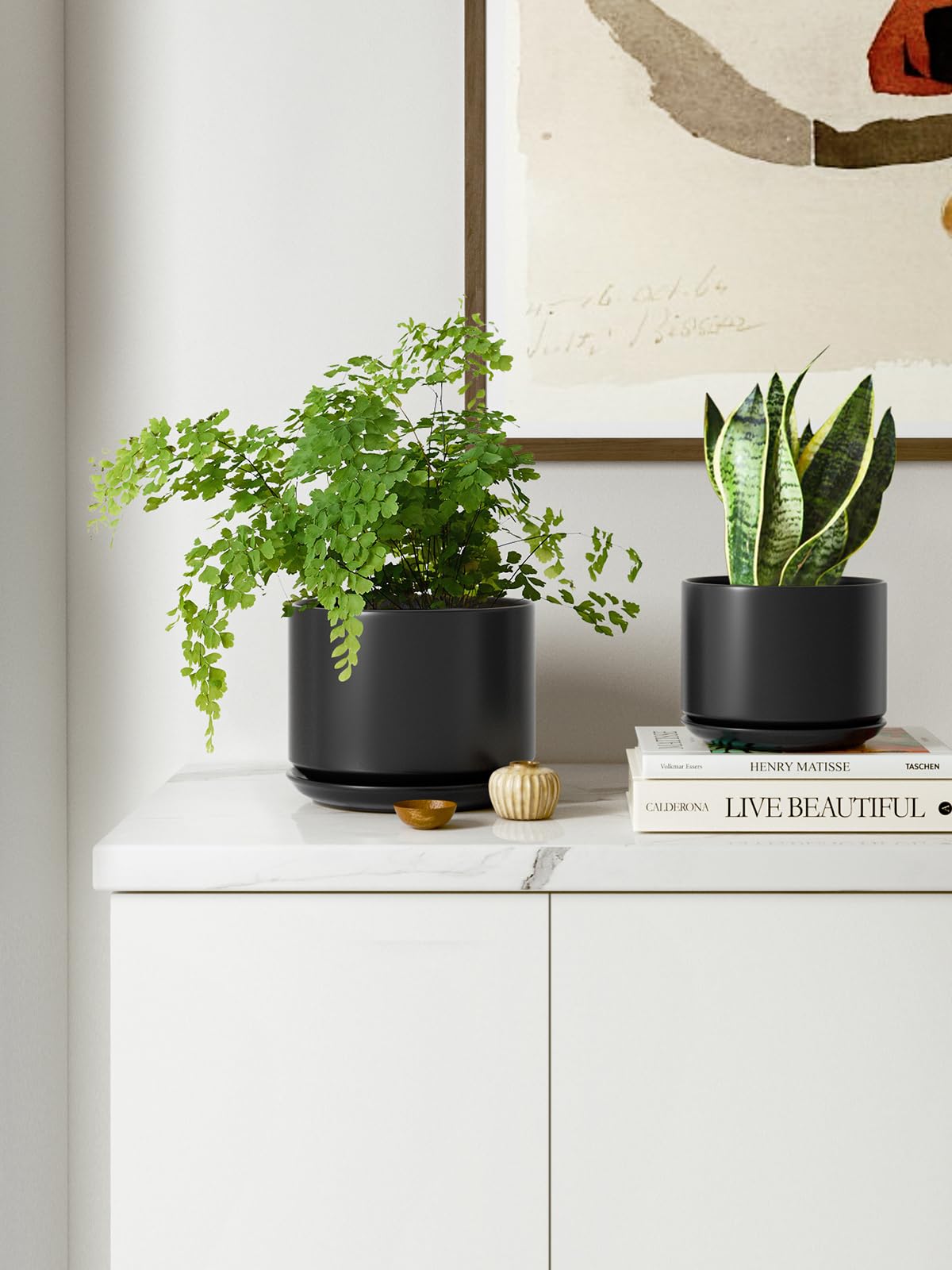 BEMAY 6.8" Ceramic Plant Pot with Drainage Hole and Attached Saucer, Black indoor Planter