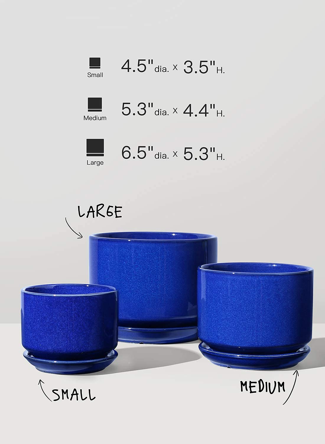 BEMAY Ceramic Plant Pots, 4.3"+5.3"+6.8" Flower Pots with Drainage Hole & Saucer, Pack of Three Planter, Sapphire Blue