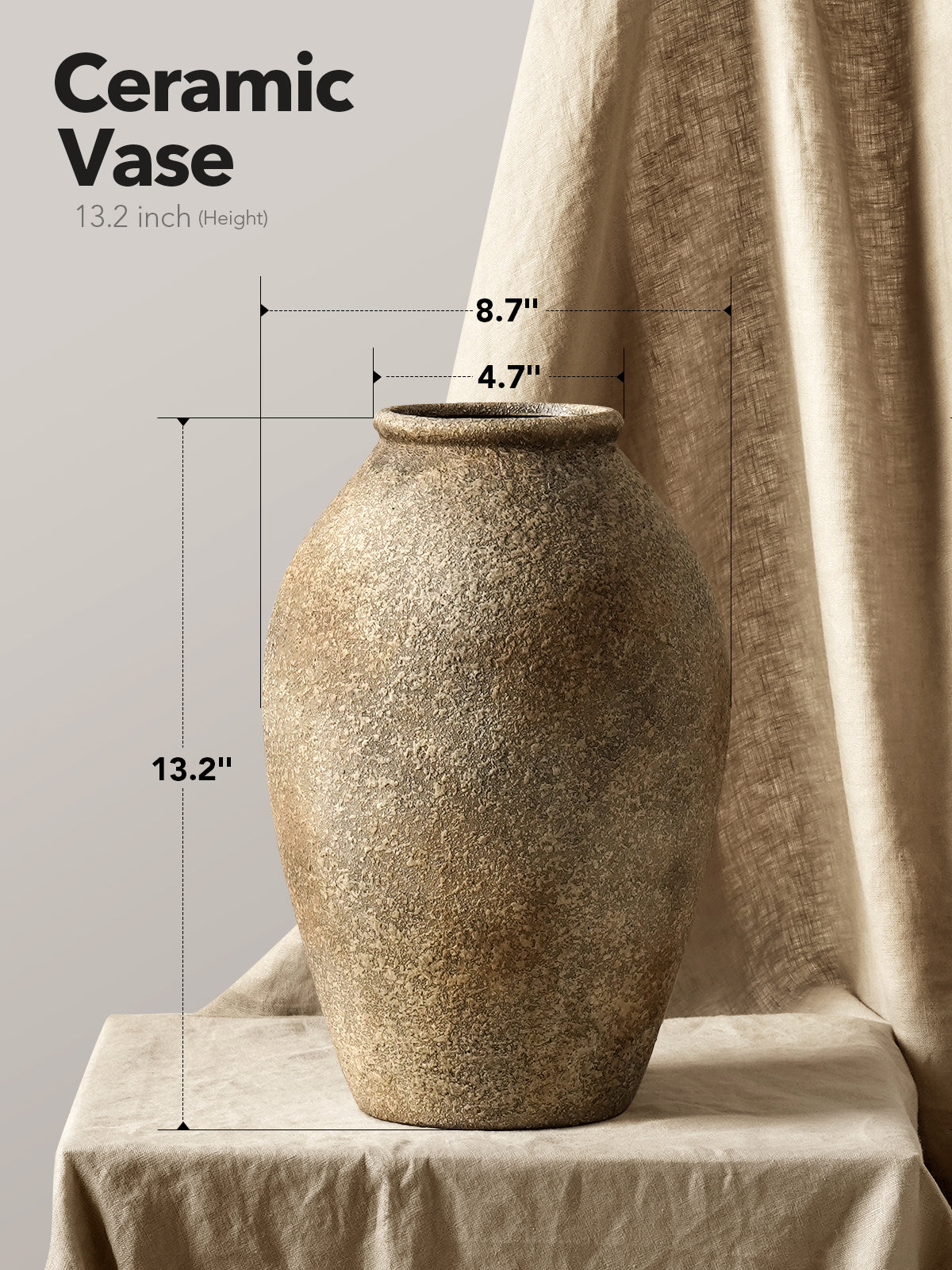 13.2" Tall Ceramic Vase in Earthstone, Large Rustic Farmhouse Decorative Flower Vase for Dining Table, Living Room & Wedding Centerpieces Floor Vase