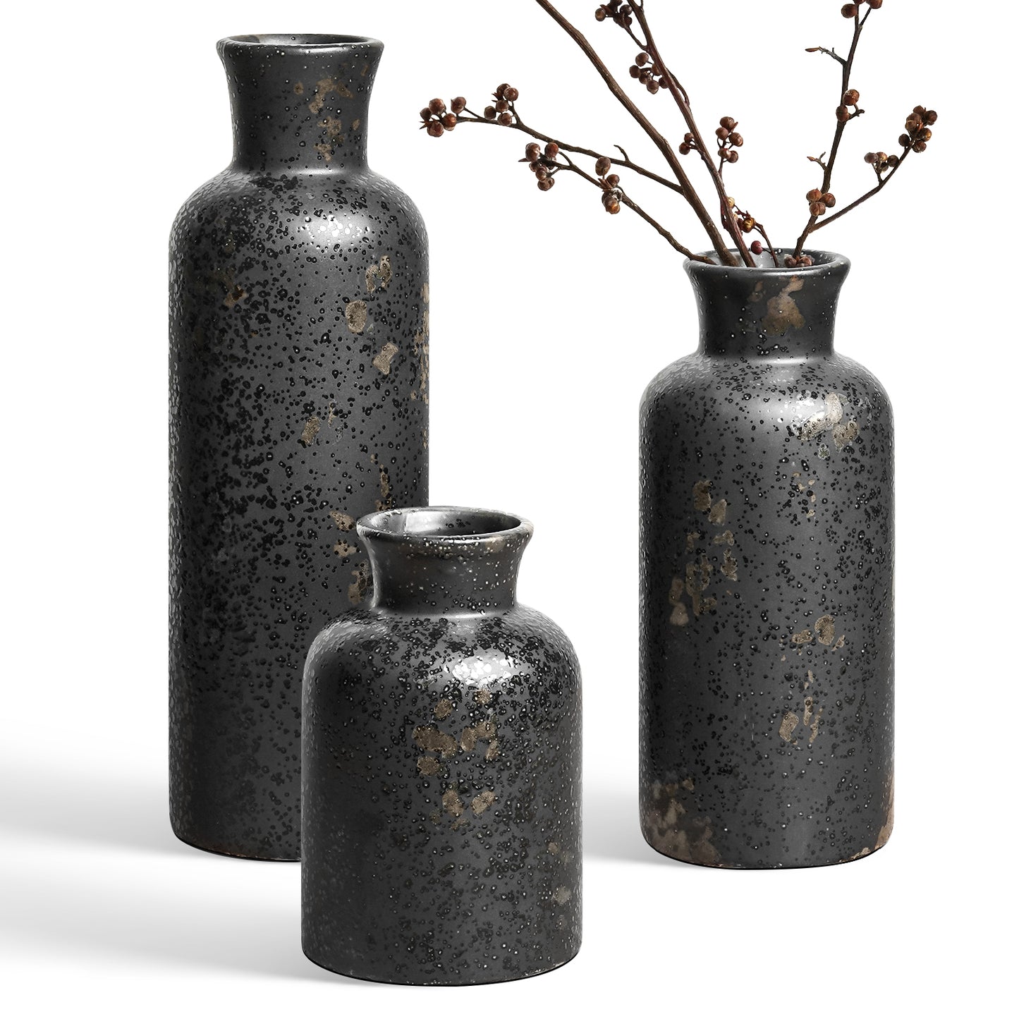 Ceramic Vase Set of 3, Black Decorative Vases for Home Decor, Rustic Modern Bottle Vase Set for Living Room, Bedroom, Dining Table, Shelf, Mantel & Entryway