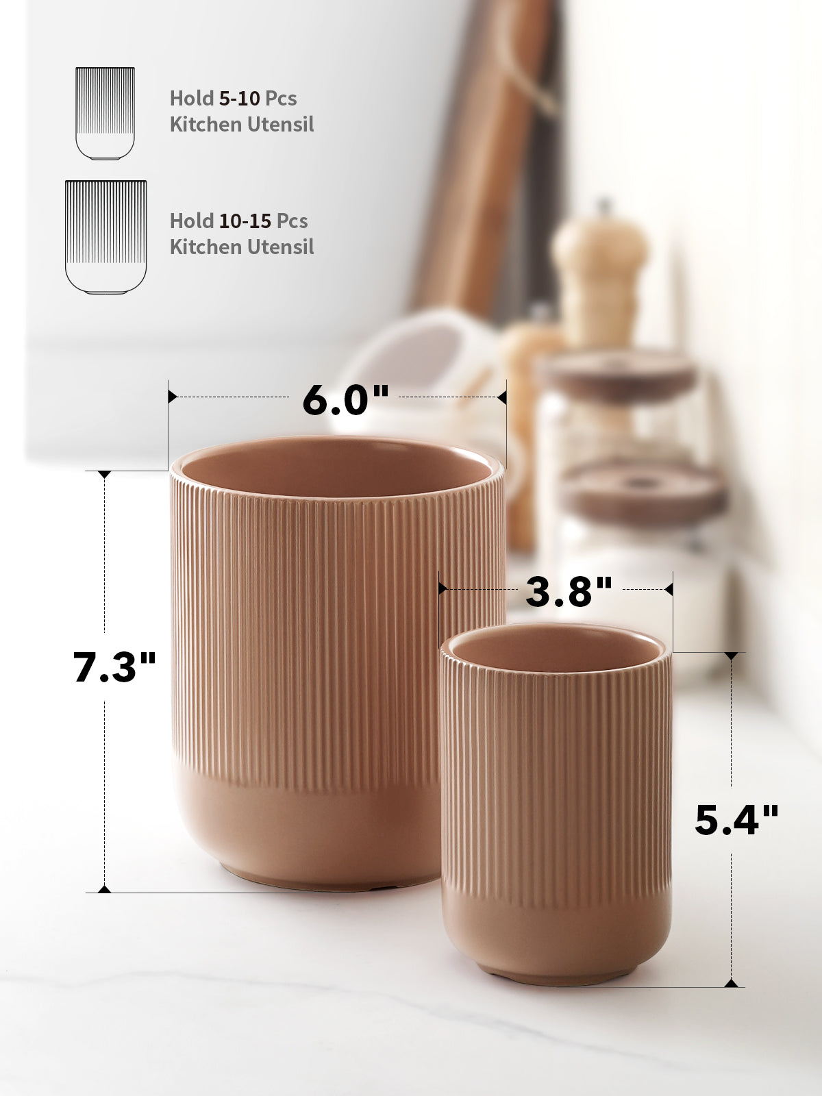 2-Pack Kitchen Utensil Holders, 7.3"+5.4" Ceramic Crocks for Kitchen, Cooking Organizer & Plant Pots, Terracotta Pink Utensil Holder