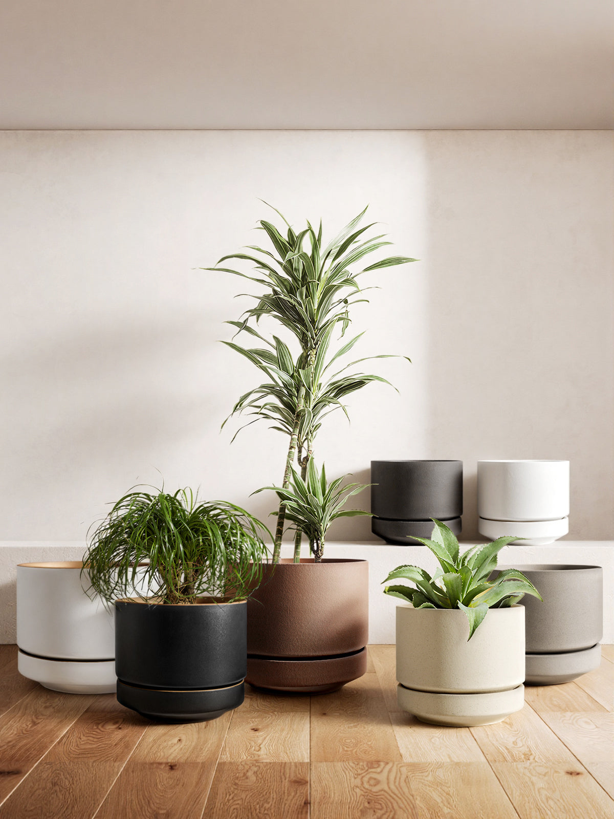 BEMAY 12" Ceramic Plant Pot with Drainage Hole & Saucer, Large Indoor Planter, Two-Tone Modern Flower Pot for Living Room & Entryway,Alpine White & Ochre Pot for Plant