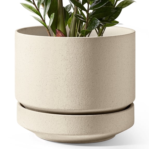 BEMAY 12 Inch Ceramic Plant Pot with Drainage Hole and Saucer, Speckled Oat Round Indoor Outdoor Planter with Mesh Pad and Plug for Houseplants