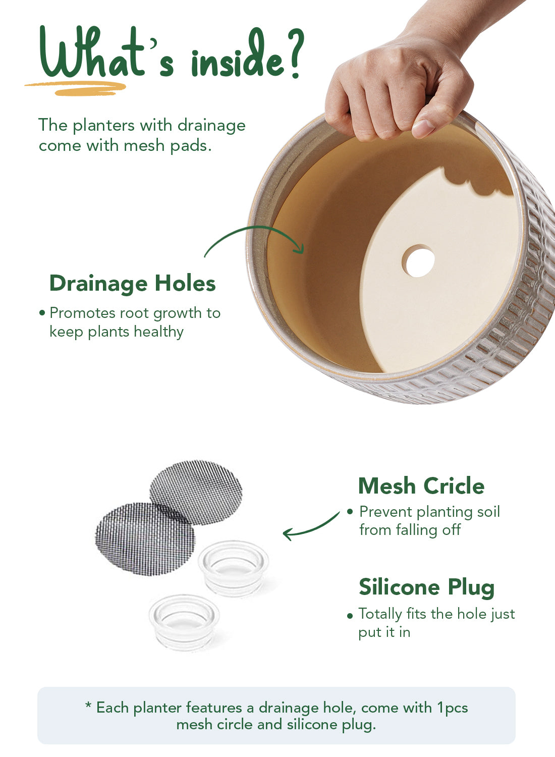 BEMAY 2-Pack Ceramic Succulent Pots with Drainage Holes, 6.3 in and 7.8 in Star White Indoor Planters with Mesh Pads and Silicone Plugs, Plant Pots for Cactus, Herbs and Houseplants