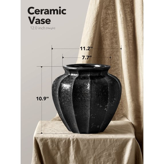 11.3 Inch Donut Vase, Large Black Ceramic Hollow Flower Vase with Bronze Speckle, Modern Decorative Centerpiece for Living Room, Entryway, Shelf, Mantel