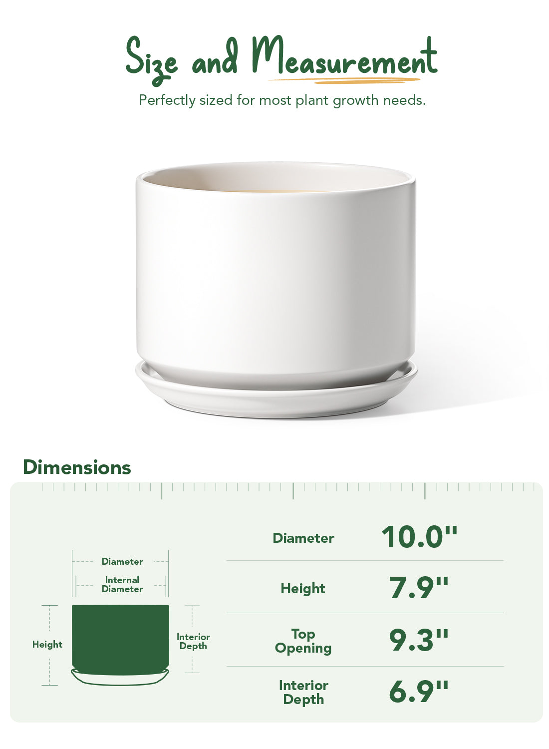 BEMAY 10 Inch Large Plant Pot for Indoor Plants, Ceramic Planter Pot with Drainage Hole and Attached Saucer, White Floor Planter for Snake Plants, Monstera and Houseplants, Plant Not Included