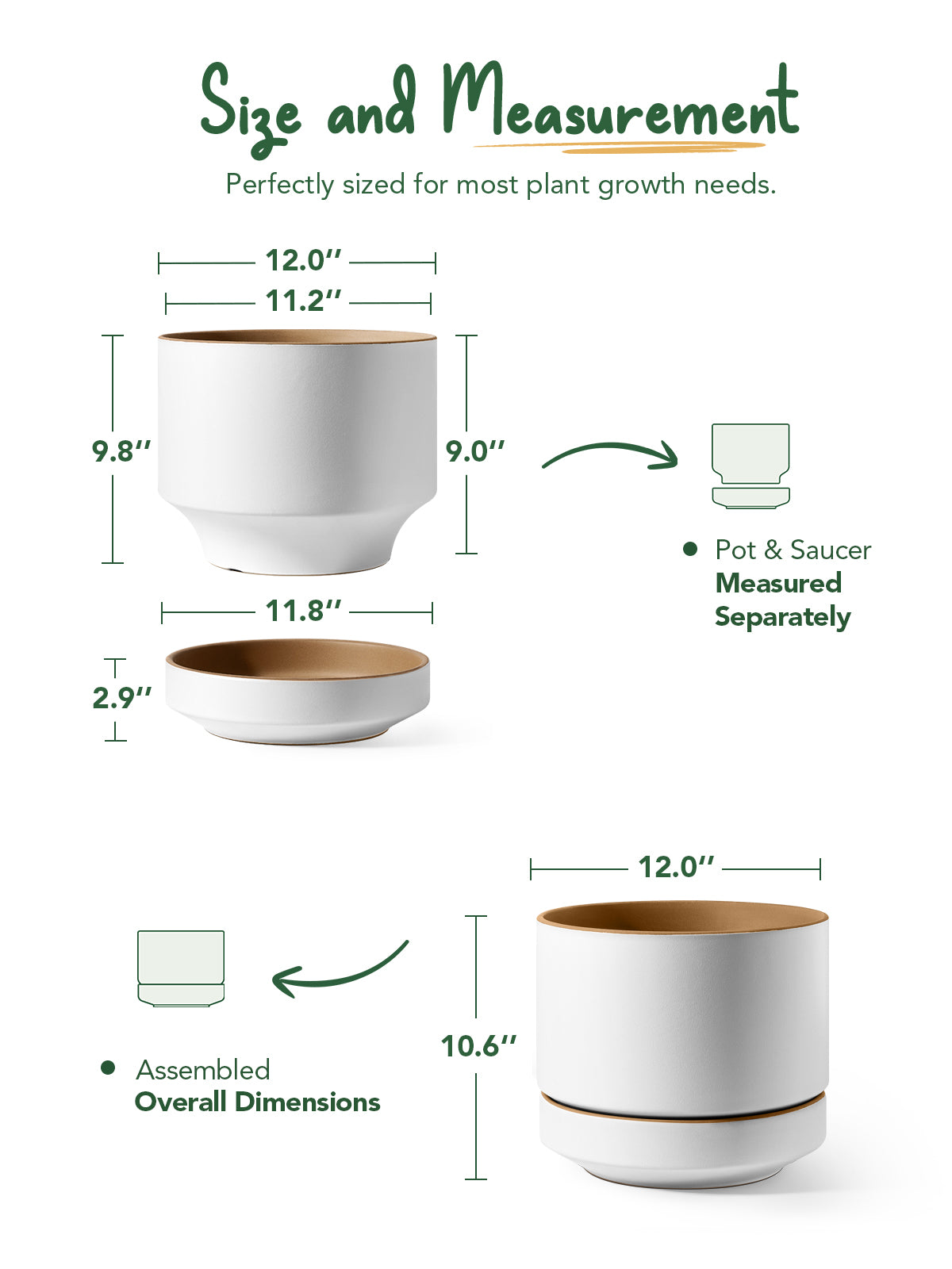 BEMAY 12" Ceramic Plant Pot with Drainage Hole & Saucer, Large Indoor Planter, Two-Tone Modern Flower Pot for Living Room & Entryway,Alpine White & Ochre Pot for Plant