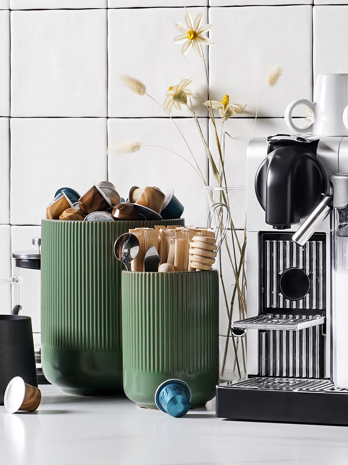 2-Pack Kitchen Utensil Holders, 7.3"+5.4" Ceramic Crocks for Kitchen, Cooking Organizer & Plant Pots, Forest Green Utensil Holder