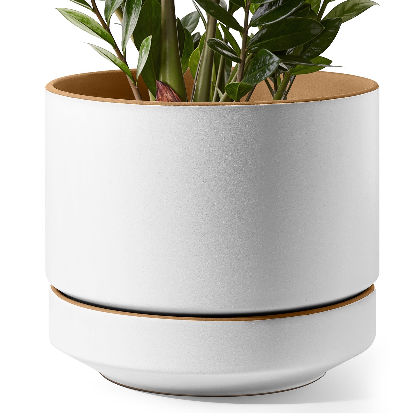 BEMAY 12" Ceramic Plant Pot with Drainage Hole & Saucer, Large Indoor Planter, Two-Tone Modern Flower Pot for Living Room & Entryway,Alpine White & Ochre Pot for Plant