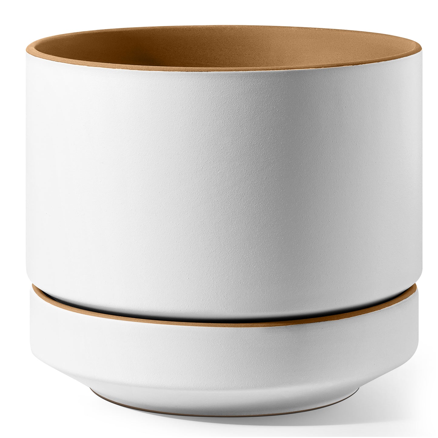 BEMAY 12" Ceramic Plant Pot with Drainage Hole & Saucer, Large Indoor Planter, Two-Tone Modern Flower Pot for Living Room & Entryway,Alpine White & Ochre Pot for Plant