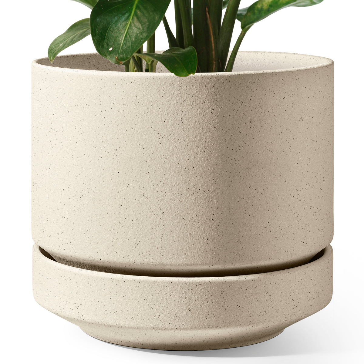 BEMAY 14 Inch Ceramic Plant Pot with Drainage Hole and Detachable Saucer, Speckled Oat Large Round Indoor Outdoor Planter with Mesh Pad, Plug and Felt Foot Pads for Houseplants