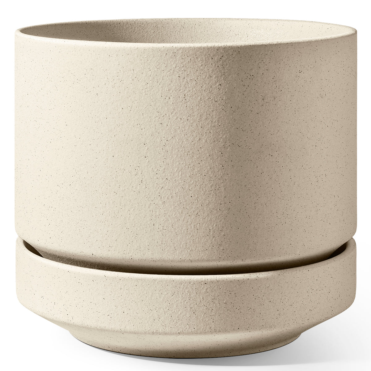BEMAY 14 Inch Ceramic Plant Pot with Drainage Hole and Detachable Saucer, Speckled Oat Large Round Indoor Outdoor Planter with Mesh Pad, Plug and Felt Foot Pads for Houseplants