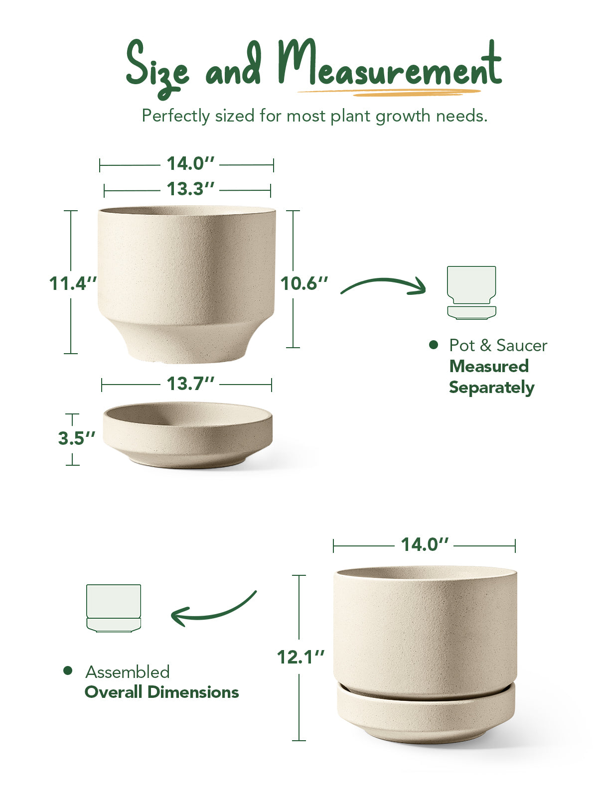 BEMAY 14 Inch Ceramic Plant Pot with Drainage Hole and Detachable Saucer, Speckled Oat Large Round Indoor Outdoor Planter with Mesh Pad, Plug and Felt Foot Pads for Houseplants