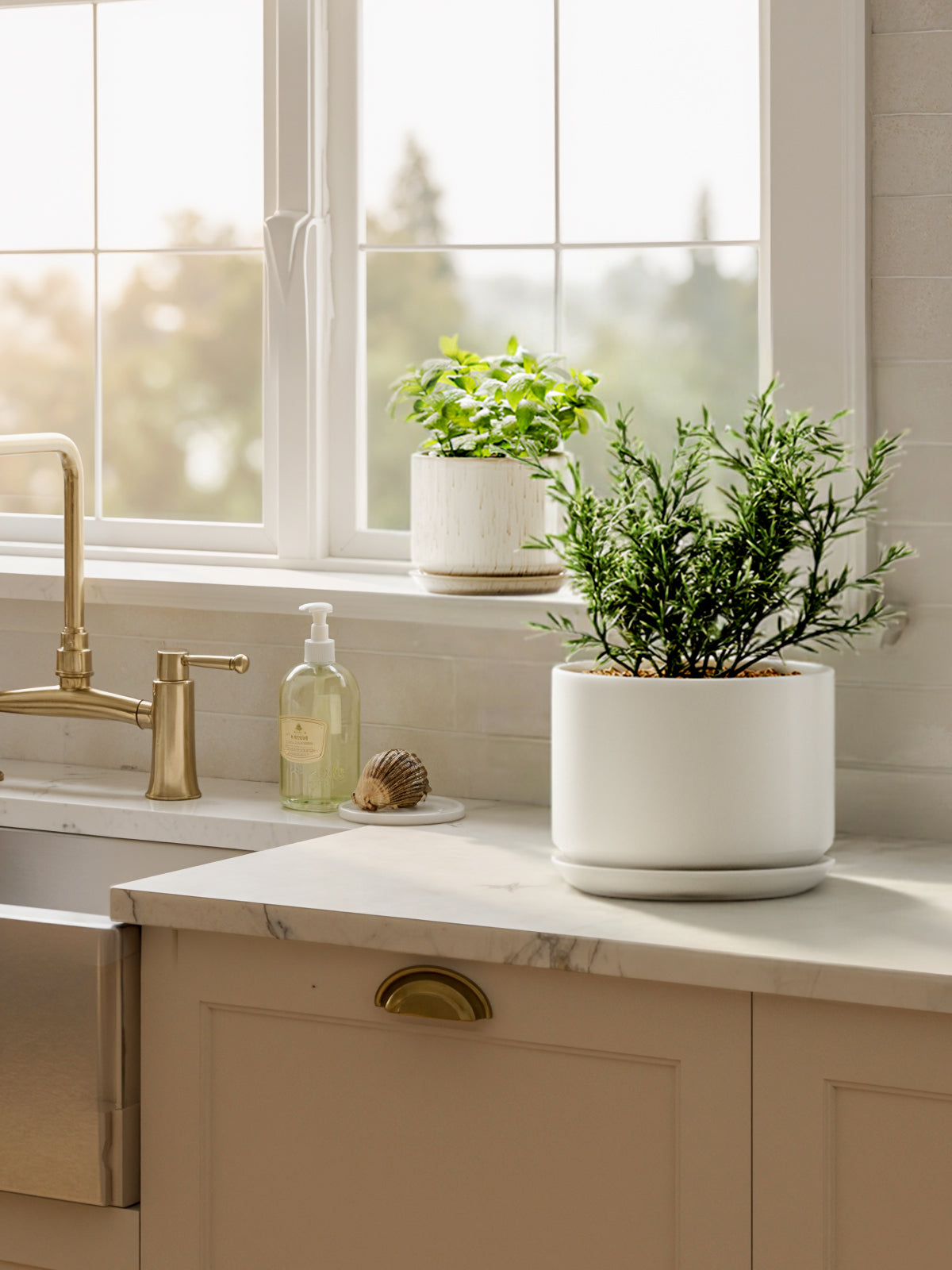 BEMAY 6.8" Plant Pot for Indoor Plants, Ceramic Planter Pot with Drainage Hole and Attached Saucer, White Flower Pot for Succulents, Herbs and Houseplants, Plant Not Included