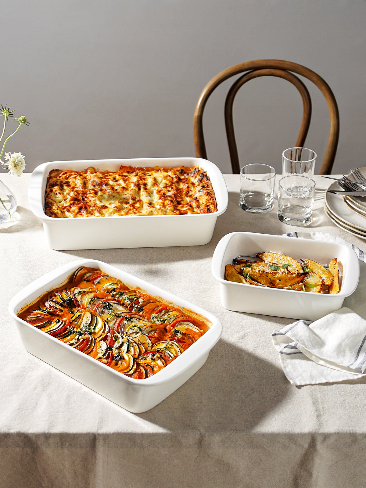 Ceramic Baking Dish Set for Oven, 3-Piece Deep Casserole and Lasagna Pan Set with Handles & Roasting Racks