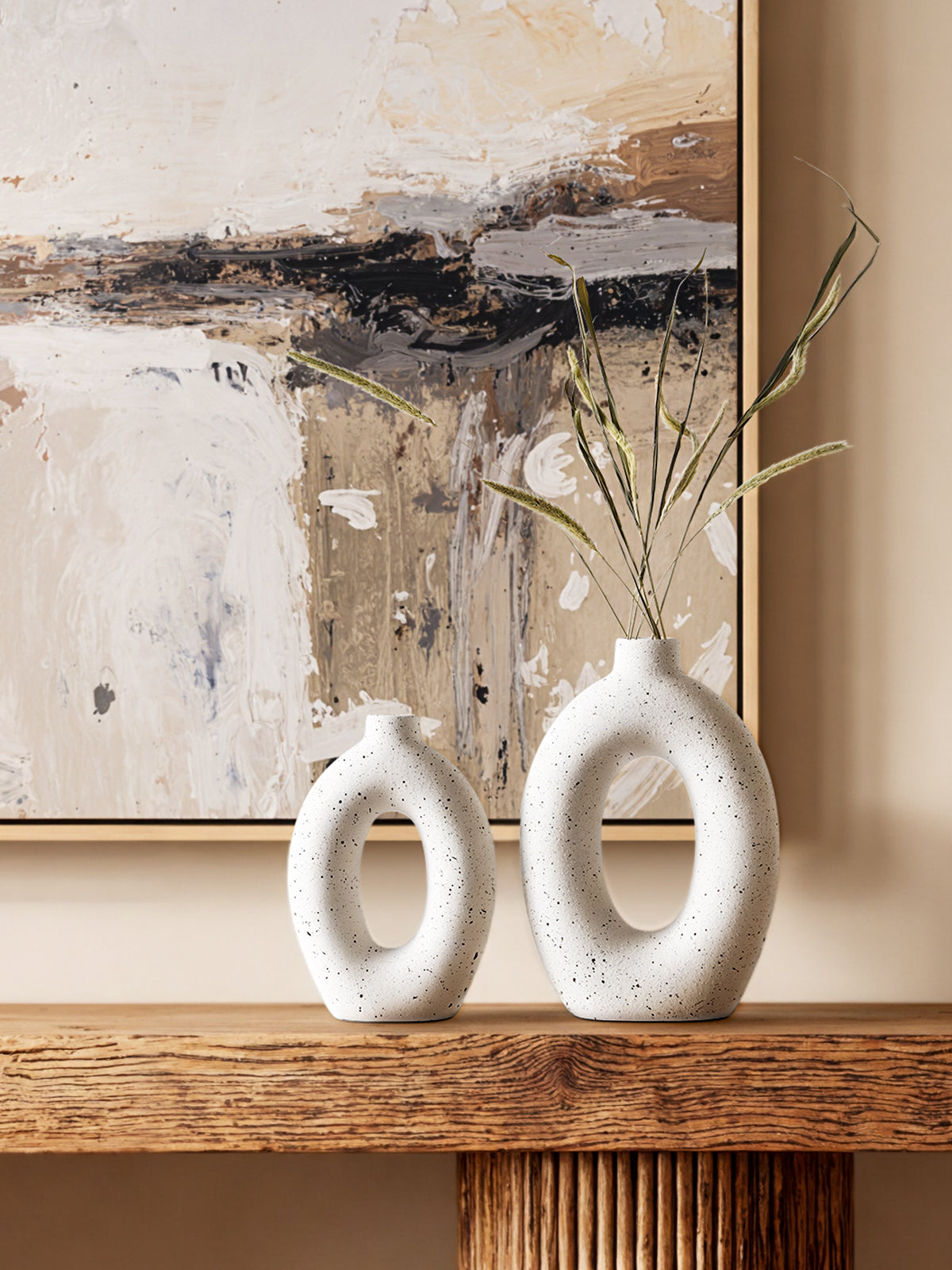 Set of 2 (8.5"+10") Speckled White Ceramic Donut Vases for Minimalist Home Decor, Living Room or Entryway Display
