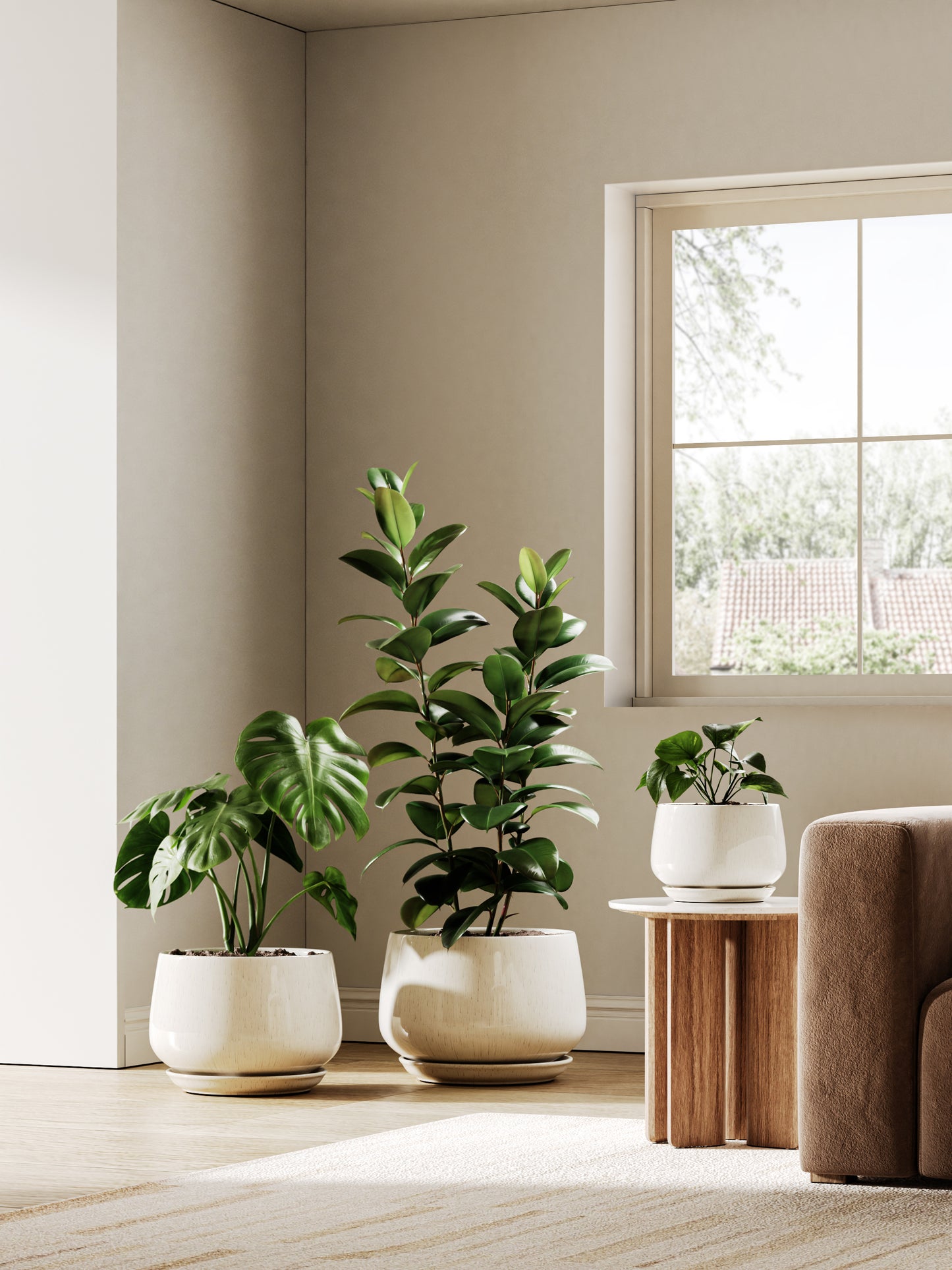 BEMAY 10 Inch Warm White Ceramic Plant Pot with Drainage Hole and Saucer, Textured Round Planter for Indoor Outdoor Plants, Flowers, Houseplants