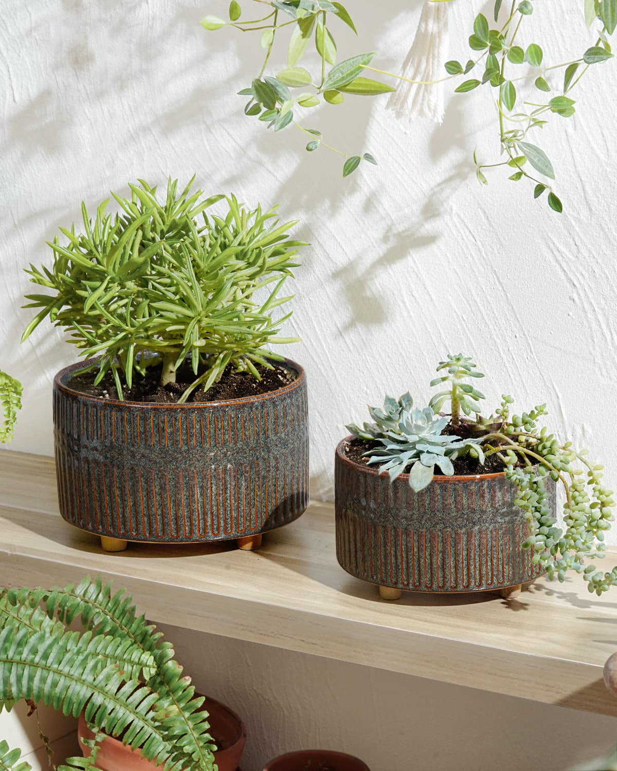 BEMAY 2-Pack Ceramic Succulent Pots with Drainage Holes, 6.3"& 7.8" Indoor Planters with Mesh Pads, Silicone Plugs and Felt Feet for Cactus and Houseplants Plant Pots,Reactive Glaze Black Pots