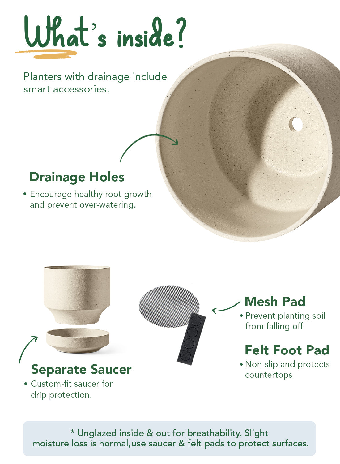 BEMAY 14 Inch Ceramic Plant Pot with Drainage Hole and Detachable Saucer, Speckled Oat Large Round Indoor Outdoor Planter with Mesh Pad, Plug and Felt Foot Pads for Houseplants