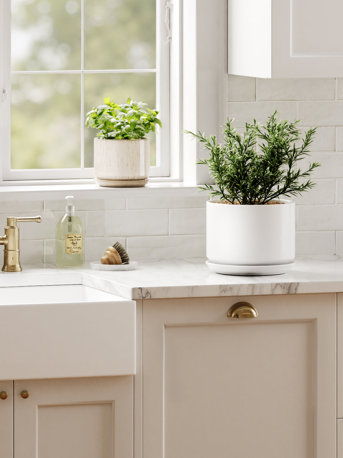 BEMAY 6.8" Plant Pot for Indoor Plants, Ceramic Planter Pot with Drainage Hole and Attached Saucer, White Flower Pot for Succulents, Herbs and Houseplants, Plant Not Included