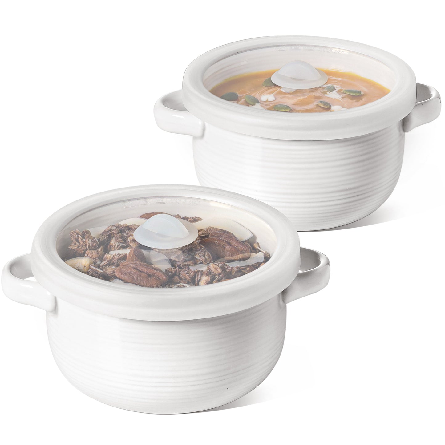 28 oz Ceramic Soup Bowl with Vented Silicone Lid and Handles, Microwave & Oven Safe,Set of 2