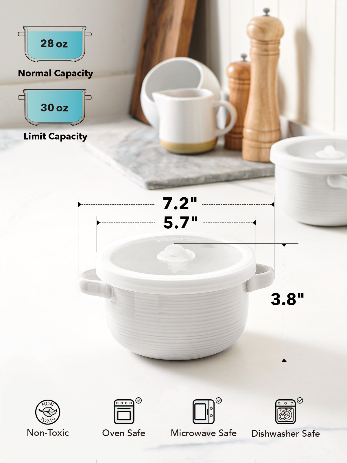 28 oz Ceramic Soup Bowl with Vented Silicone Lid and Handles, Microwave & Oven Safe,Set of 2