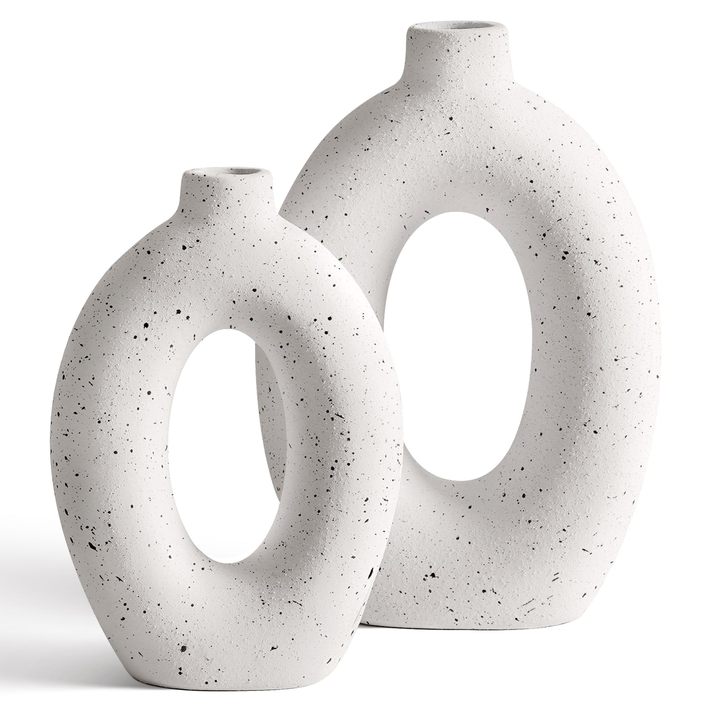 Set of 2 (8.5"+10") Speckled White Ceramic Donut Vases for Minimalist Home Decor, Living Room or Entryway Display