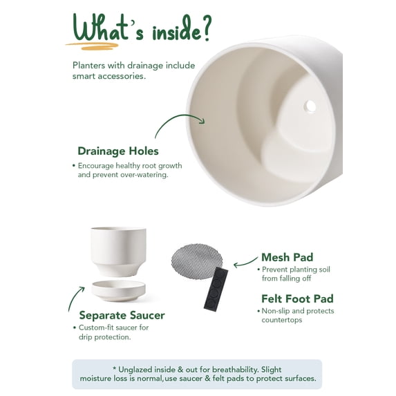 BEMAY 12" Chalk White Unglazed Ceramic Planter Pot with Saucer, Drainage Hole, Mesh Pad and Plug, Large Round Indoor Outdoor Plant Pot for Houseplants