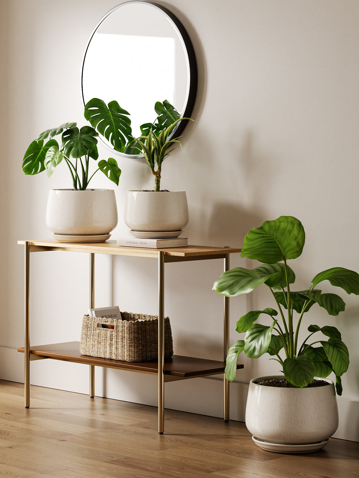 BEMAY 10 Inch Warm White Ceramic Plant Pot with Drainage Hole and Saucer, Textured Round Planter for Indoor Outdoor Plants, Flowers, Houseplants