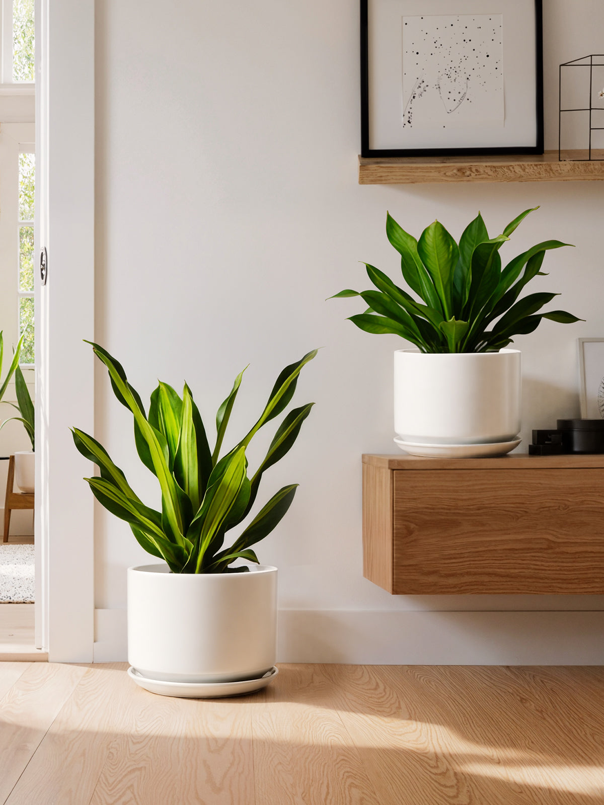 BEMAY 8 Inch Plant Pot for Indoor Plants, Ceramic Planter Pot with Drainage Hole and Attached Saucer, White Tabletop Flower Pot for Herbs, Succulents and Houseplants, Plant Not Included